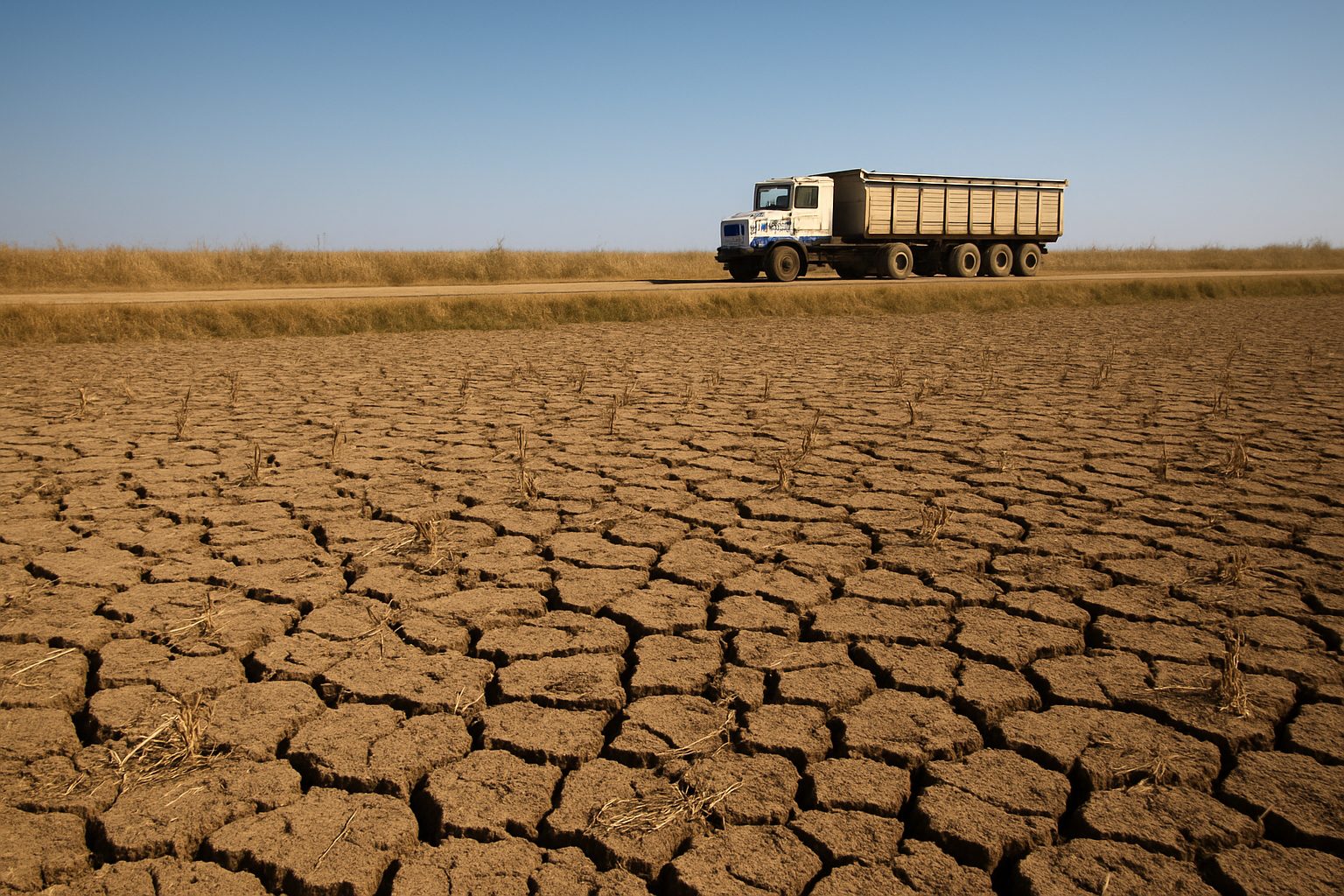 Cracked agricultural field with a loading truck on a dirt road, indicating drought conditions.