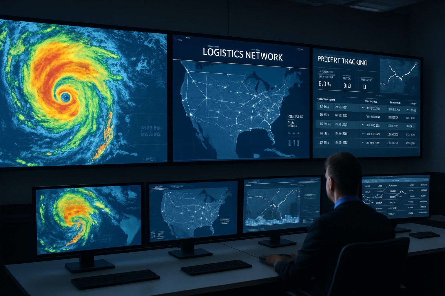 Logistics control room with monitors showing weather and freight tracking data.