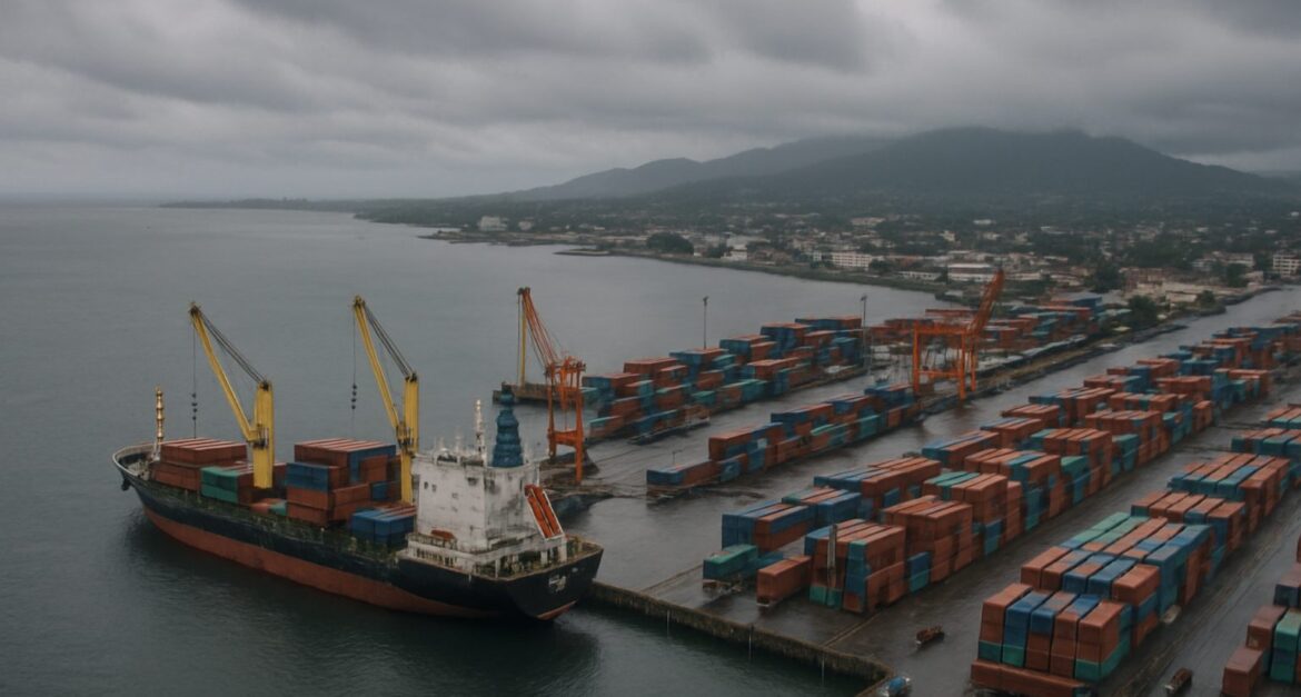 Coastal port in the Philippines with cargo ships and containers under overcast skies.